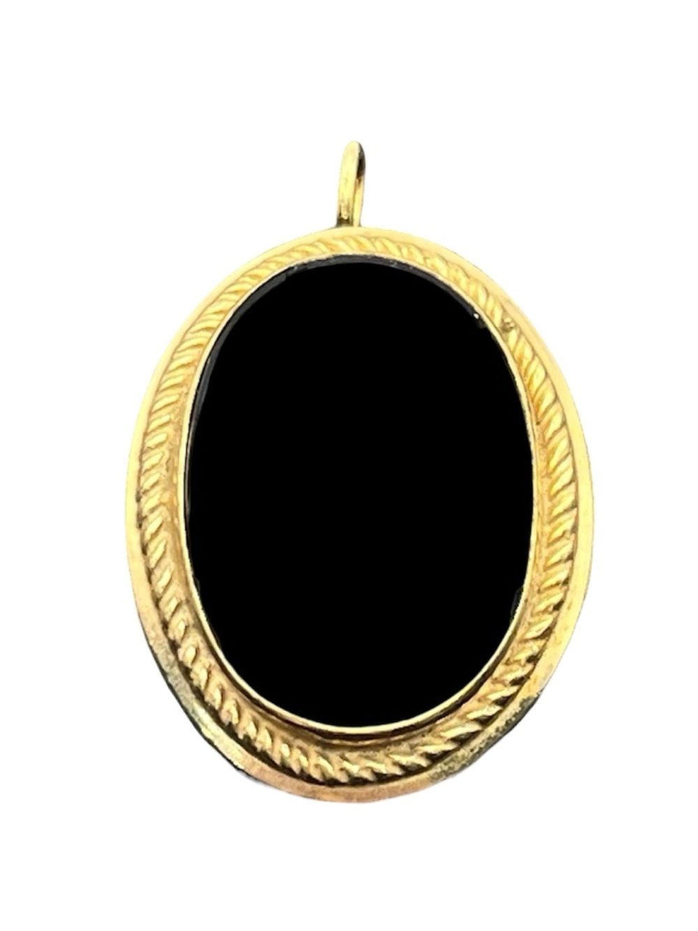 12k gold filled black oval stone twisted edge pendant or brooch pin vintage